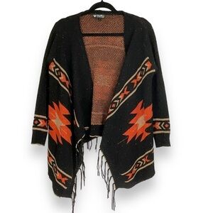 Papillon Cardigan Sweater Southwest Grey Orange Fringe Knit Aztec‎ Womens Size L